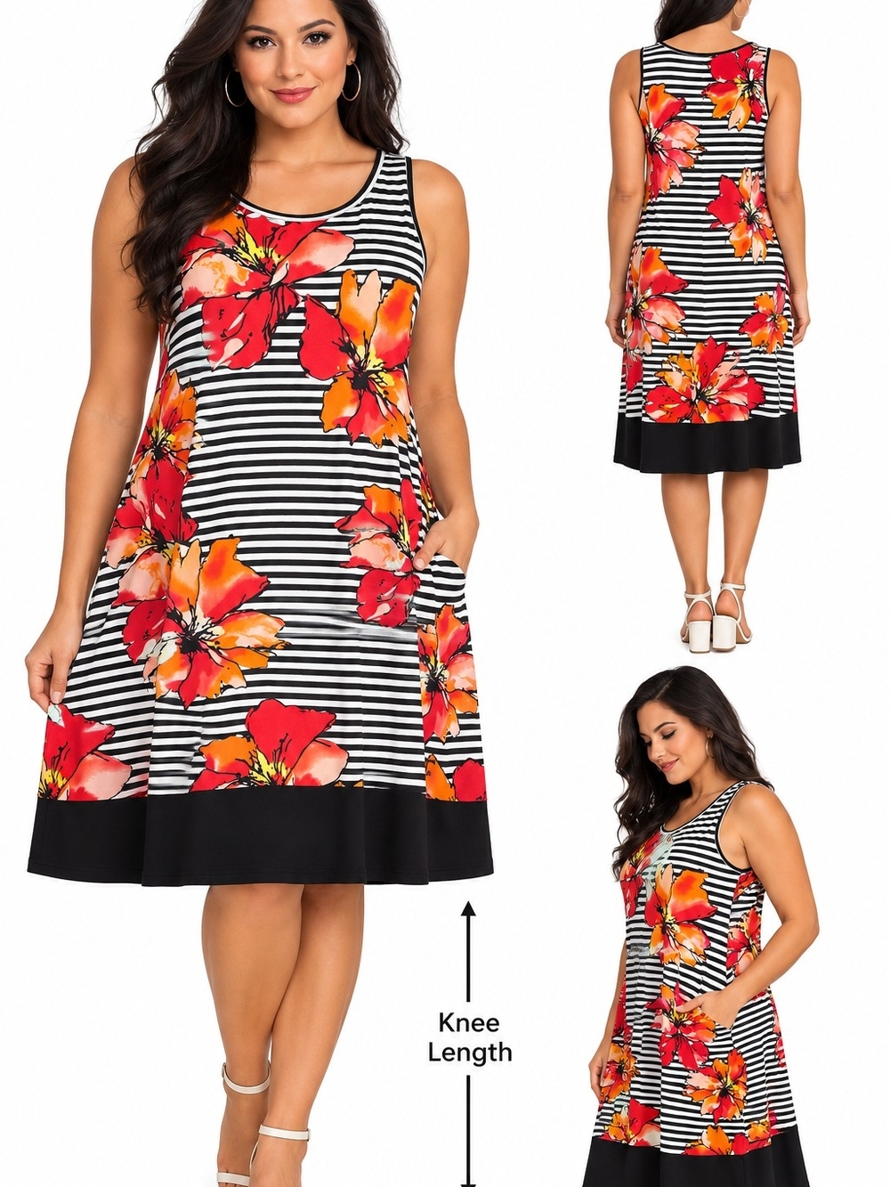 Striped Floral Knee-Length Tank Dress in Black with Red & Orange Blooms 3x